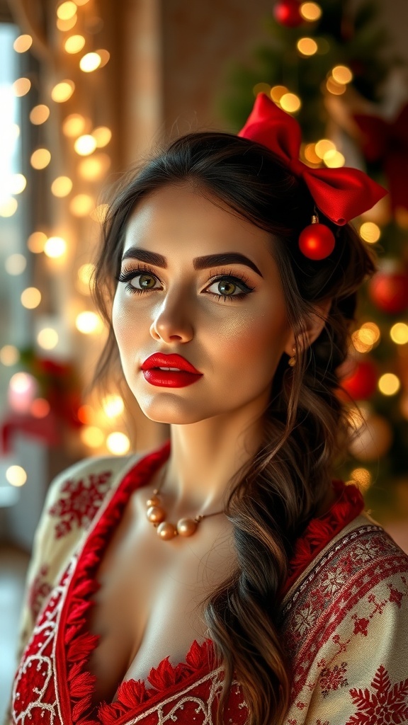 Festive Christmas Makeup Ideas for 2025 Festive Christmas makeup with red lips and gold eyeshadow, model in holiday attire with Christmas lights in the background.